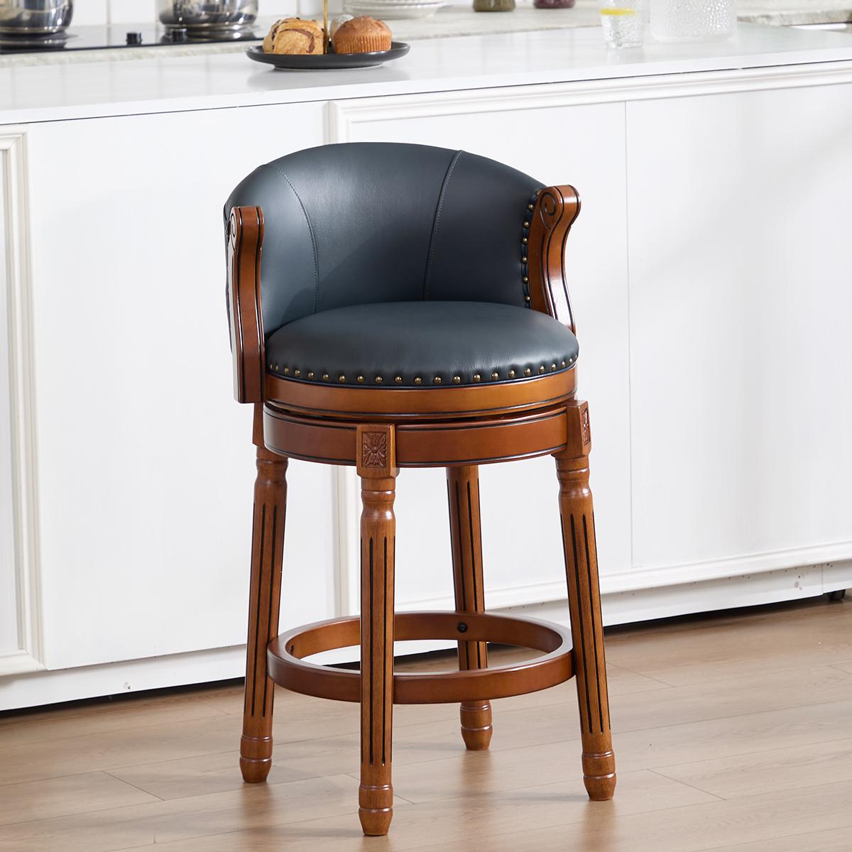 Home Bar Stools - 牛革製バースツール、高さ26インチ、木製フレーム、360度回転背もたれ、キッチン、ダイニングルーム、ホームオフィス用、ブルー